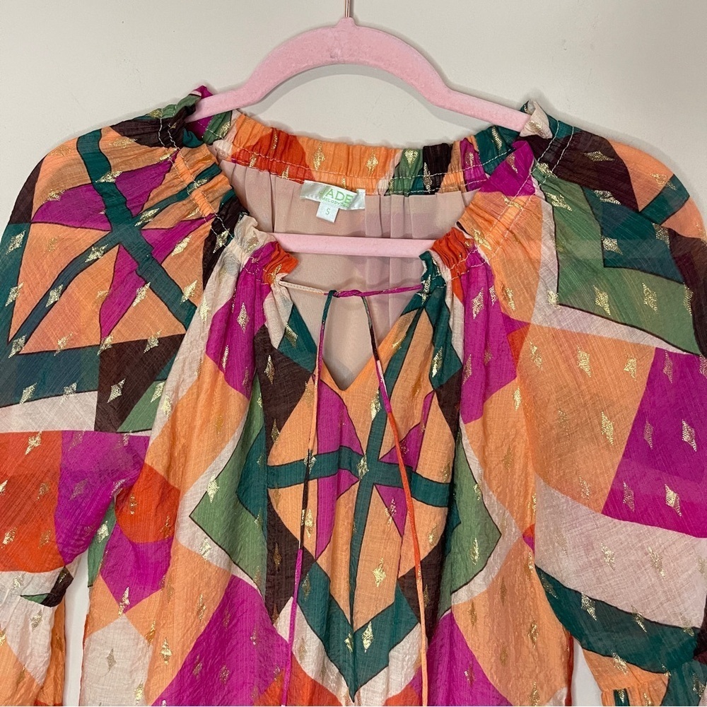 JADE By Melody Tam Bell Sleeve Geometric Print Blouse, Small - Picture 3 of 10